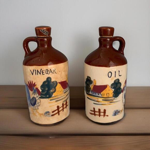 Vintage Relco Blue Rooster Oil Vinegar Cruet Brown Jug Country Kitchen Japan - Picture 1 of 11